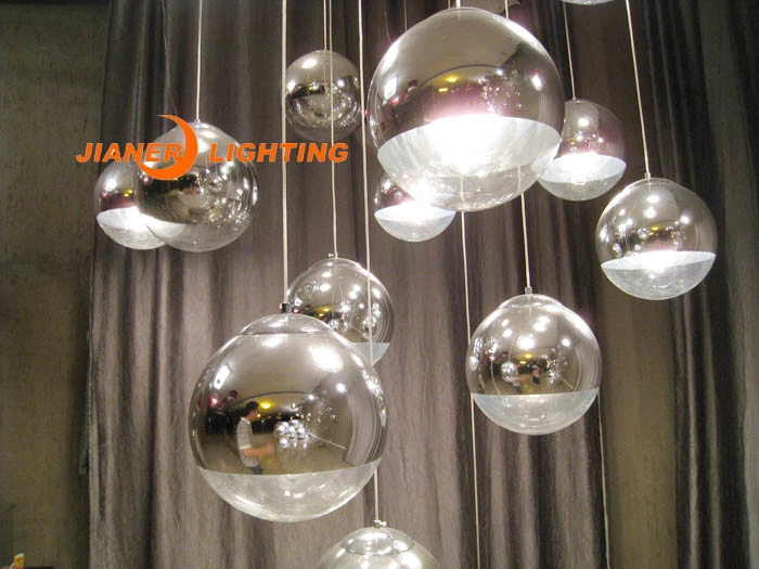 Luxury Hotel Lobby, Stairs Glass Chandelier Pendant Lamp Lighting with Chrome Glass Ball Shade