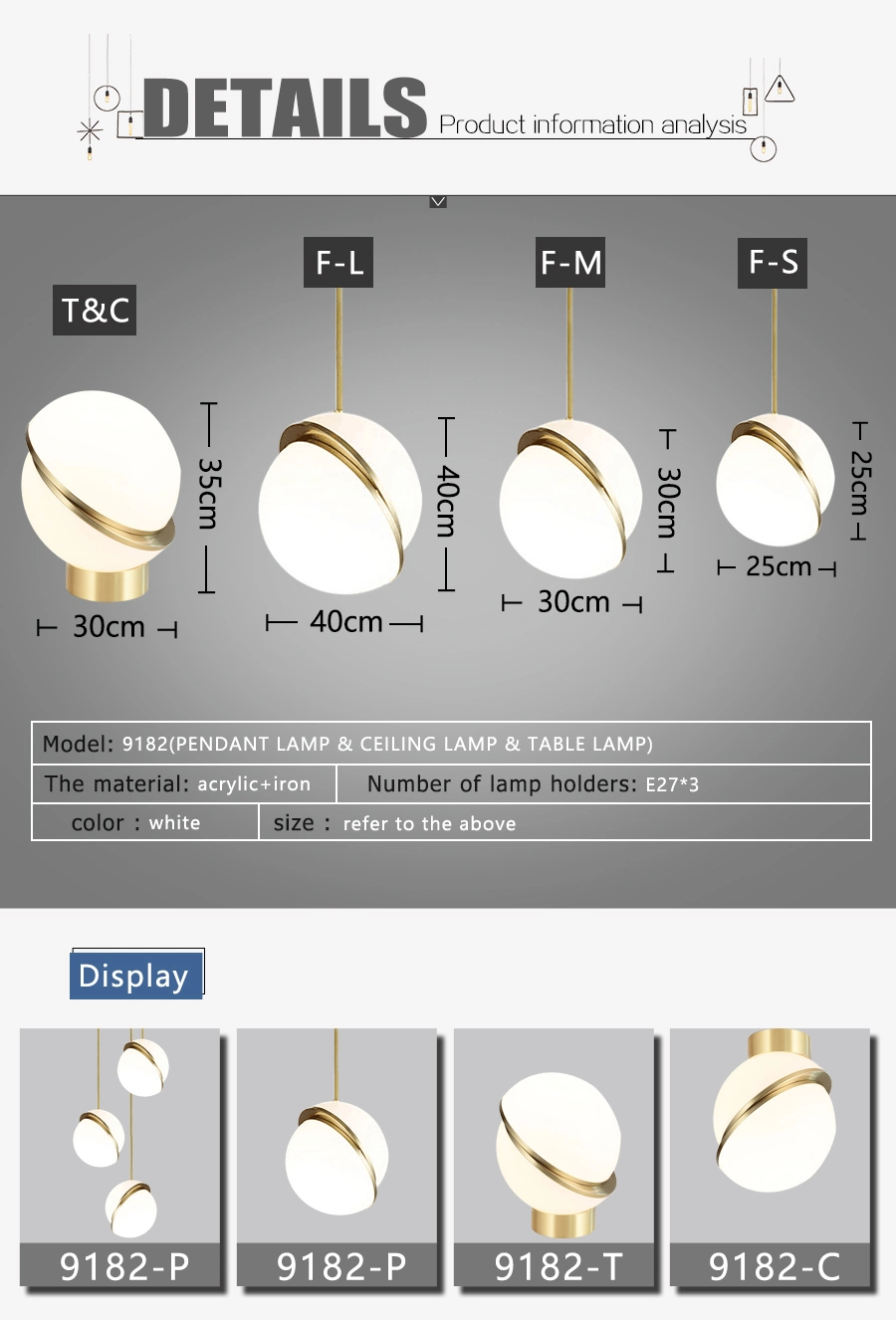 Modern Globe Acrylic Iron Material White Color E27 Light Source Pendant Lamp for Wholesale