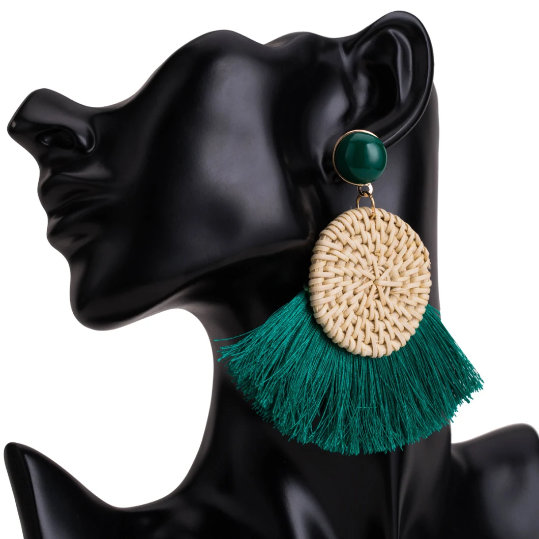 Bohemia Handmade Straw Woven Rattan Knit Tassel Earring Statement Jewelry