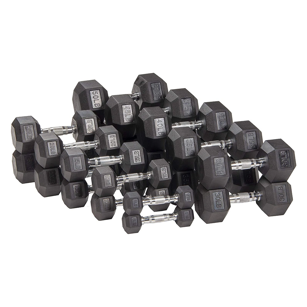 High Quality Chrome Handle Black Rubber Hexagon Dumbbell for Weightlifting Fitness Exercise