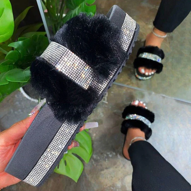 Women's Black Platform Slippers Fur Sandals Slides with Diamonds Slides Fur Slides for Women