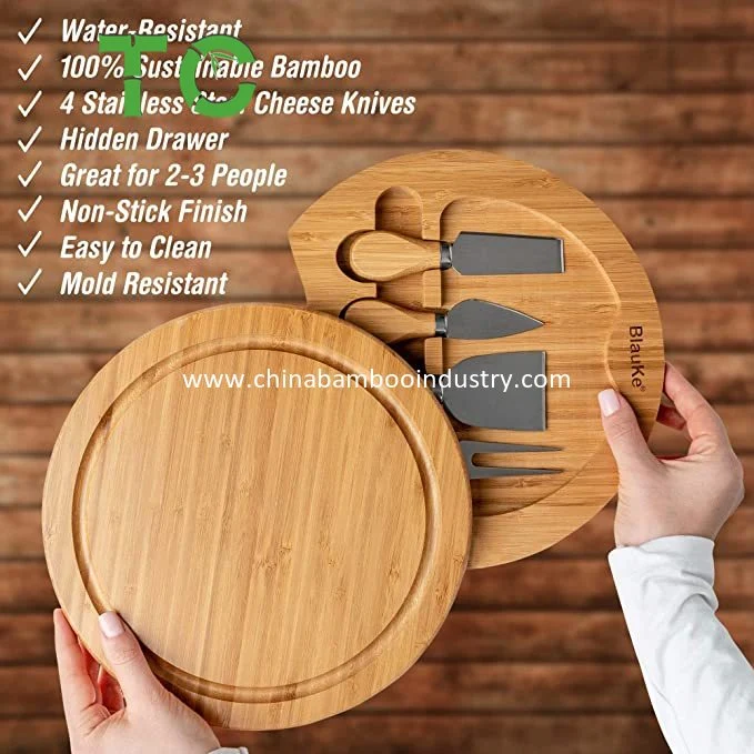 Customized Bamboo Cheese Board Set with Slide out Storage Tray and 4 Cheese Knives