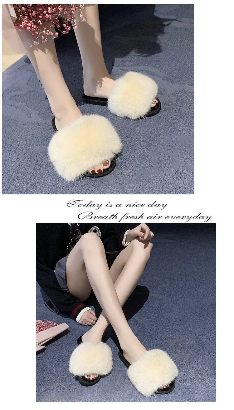 Open Toe Fluffy Slides for Women Single Strap Slip on Sandals Trend Style Wholeasle Fur Slippers