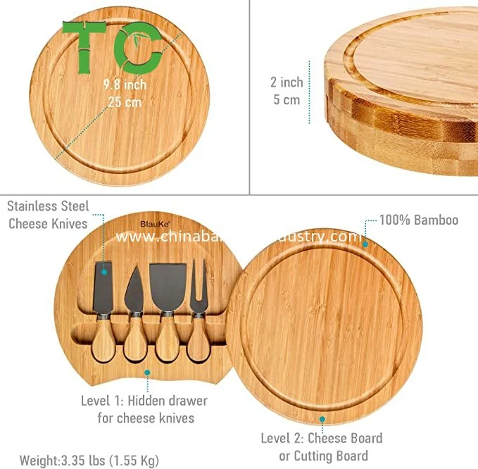 Customized Bamboo Cheese Board Set with Slide out Storage Tray and 4 Cheese Knives