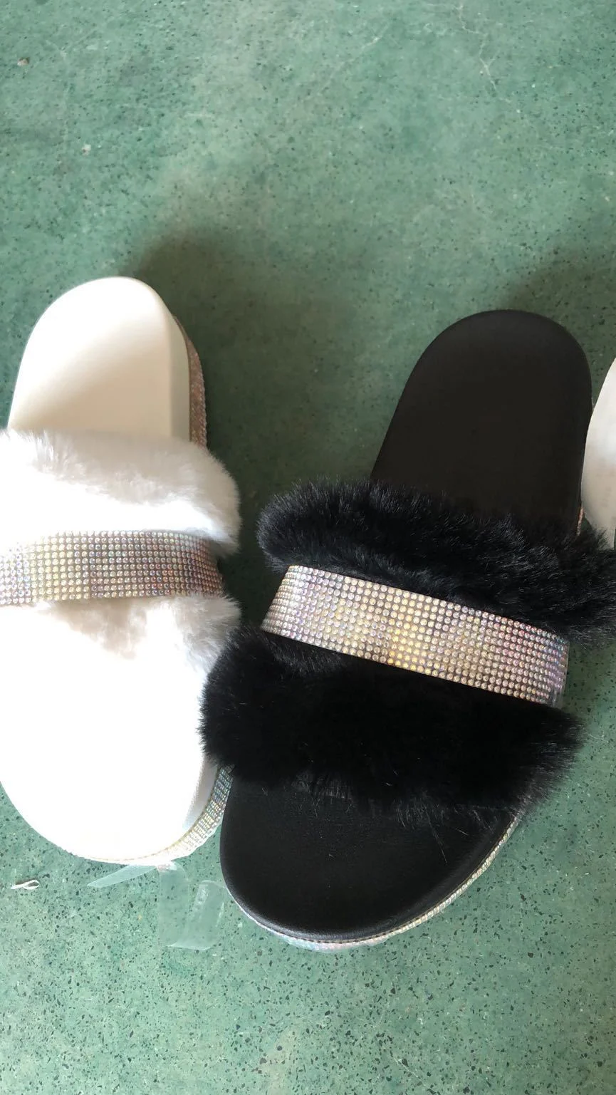 Women's Black Platform Slippers Fur Sandals Slides with Diamonds Slides Fur Slides for Women