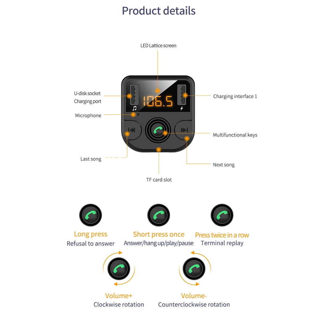 LED Display Bt36b Bt5.0 Car Kit MP3 Player FM Transmitter USB Car Charger