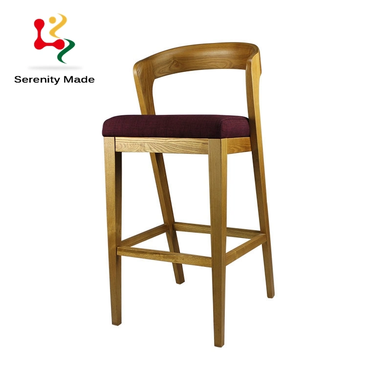Vintage Solid Ash Wood Curve Back High Counter Bar Stool with Fabric Seat