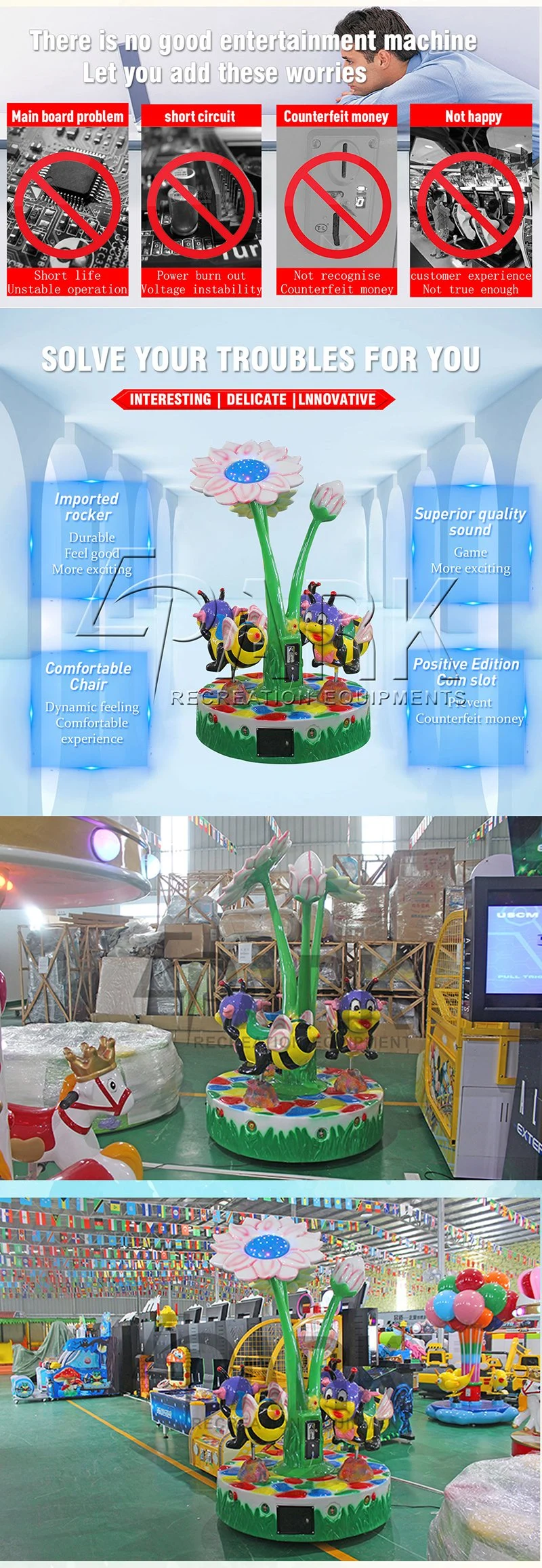 Amusement Park Flowers Carousel 3 Seats for Kids Ride Game Machine