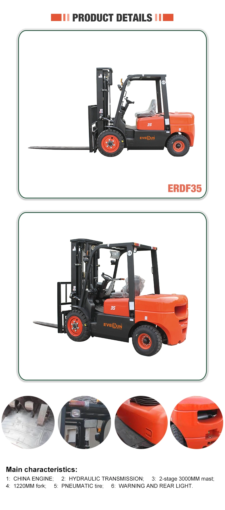 Everun New Design Erdf35 Forklift Equipment 3 Ton Diesel Forklift with Cheap Price for Sale