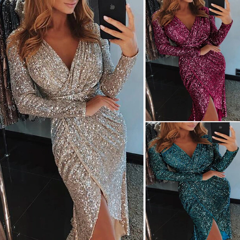 New Style Long-Sleeved V-Neck Sequin Dress Dress Evening Dress Sexy Nightclub Long Dress