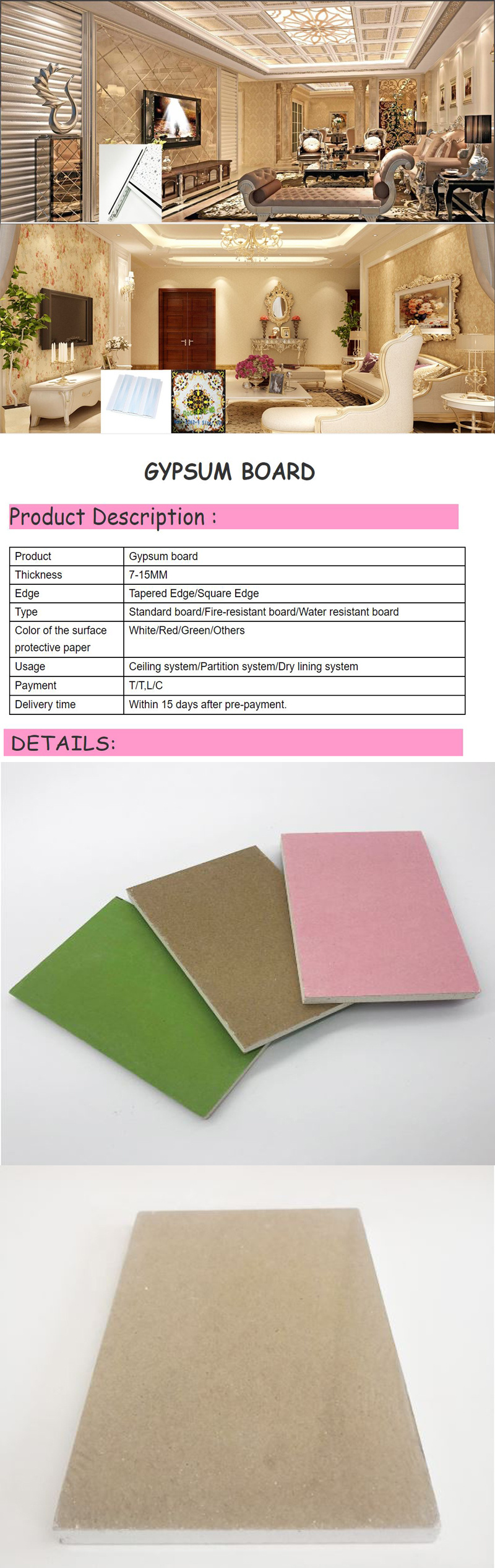 Strong Durable Plasterboard for Office Buildings Gypsum Board