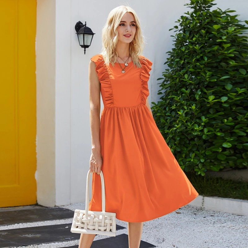 Factory Sell Elegant Neckline Elastic Ruffle Sleeve Yellow Dress for Women Dress