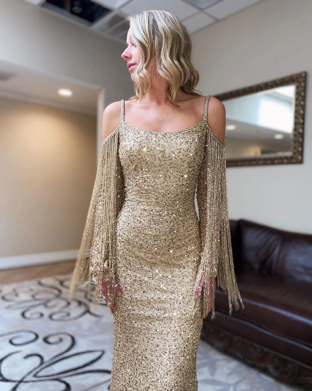 Arabic Gold Sparkly Evening Dresses Beaded Mermaid Prom Dresses Sequined Formal Party Second Reception Gowns Zj944