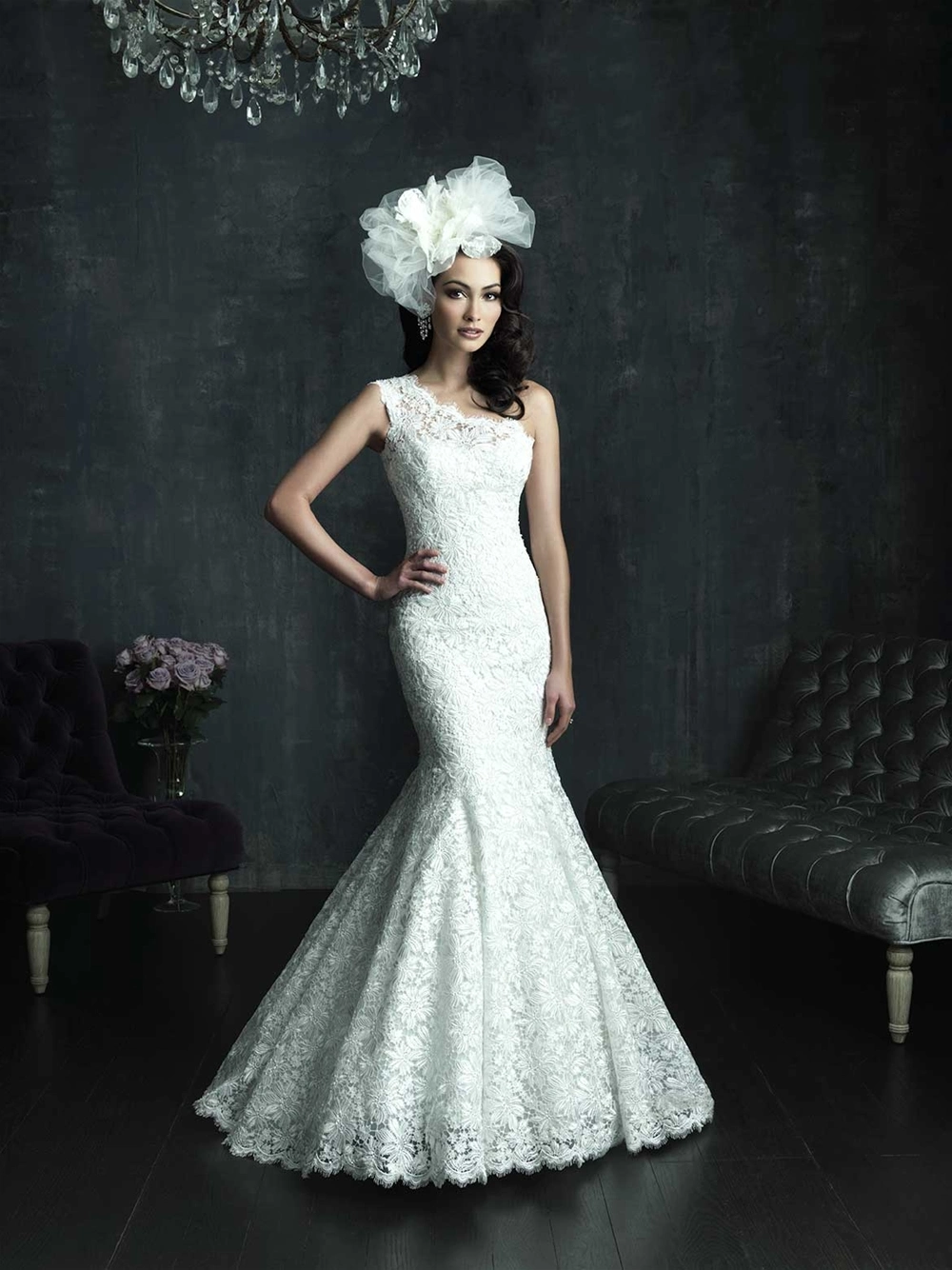 Sheer Lace One Shoulder Wedding Dress Mermaid Lace Bridal Gown Wedding Dress