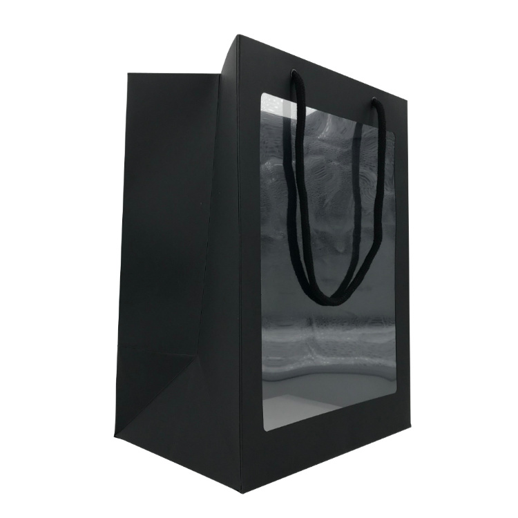 Custom Luxury Clear Transparent Window Black Paper Bag with Handle