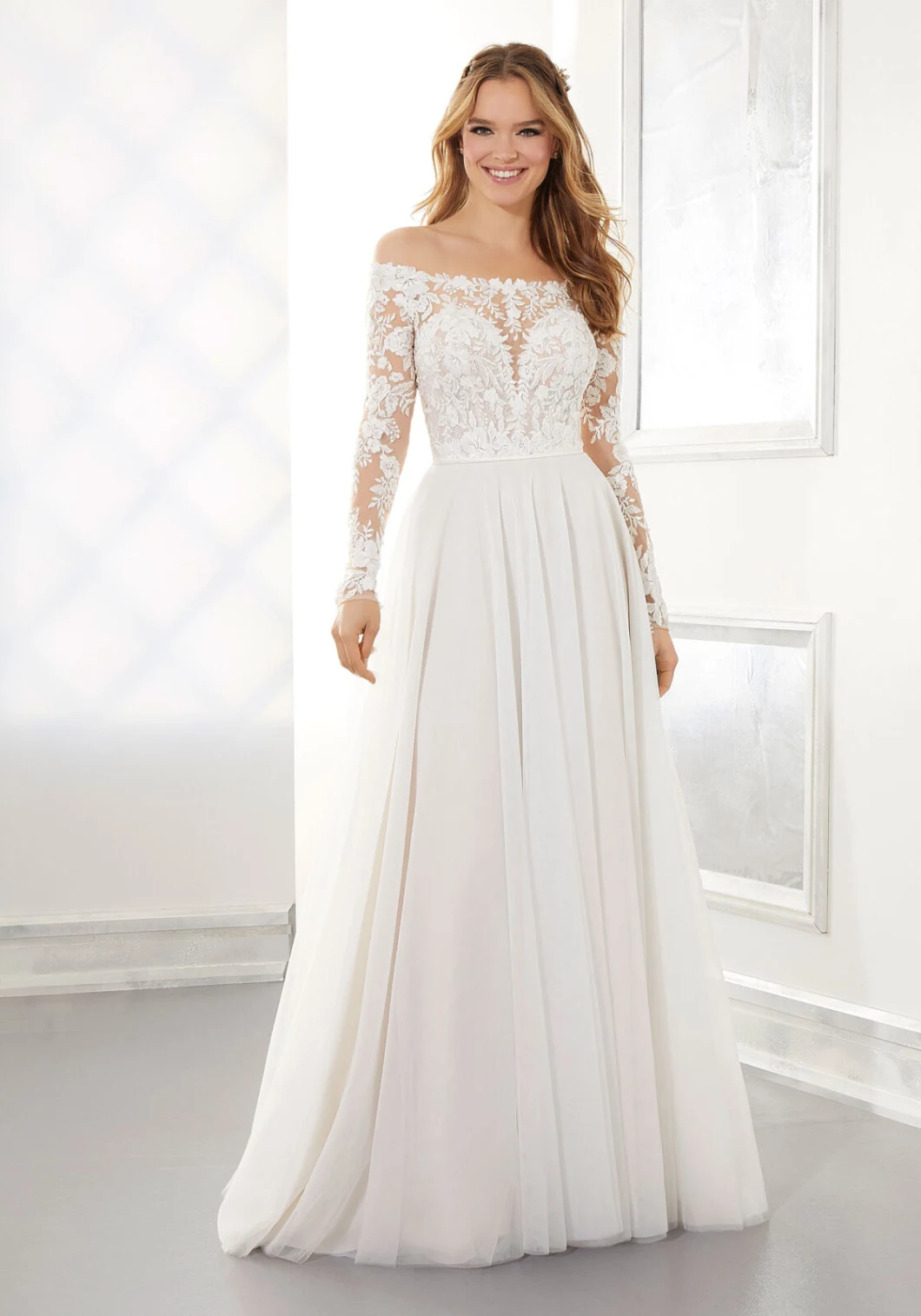 English Net and Lace Has Long Sleeves Wedding Dresses off The Shoulder A-Line Wedding Dress