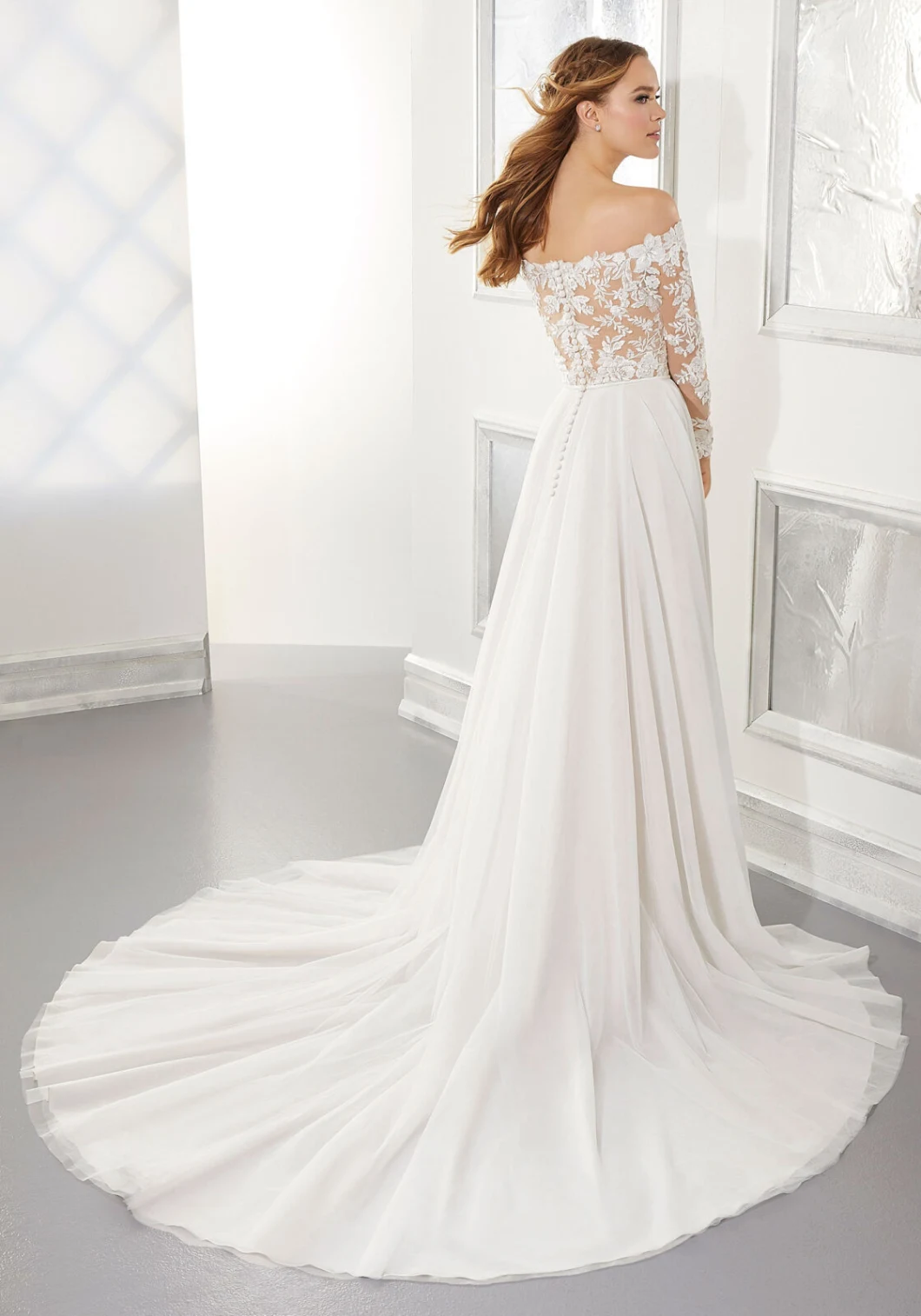 English Net and Lace Has Long Sleeves Wedding Dresses off The Shoulder A-Line Wedding Dress