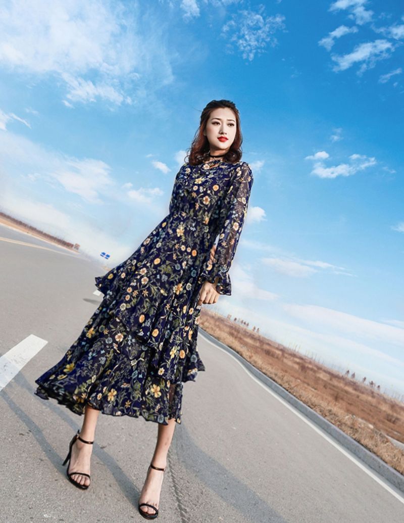 Floral Chiffon Dress Long Size Casual Dress for Ladies