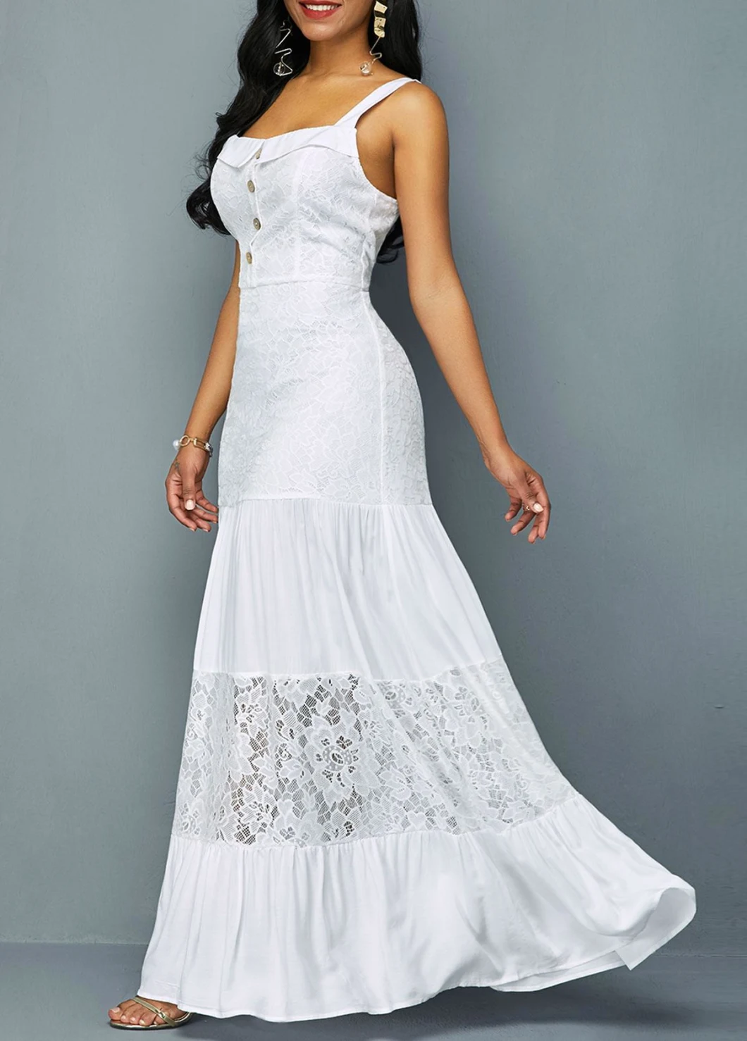 Women Clothes Square Collar White Cotton Lace Patchwork Dresses Solid Maxi Ruffle Hem Strap Dress