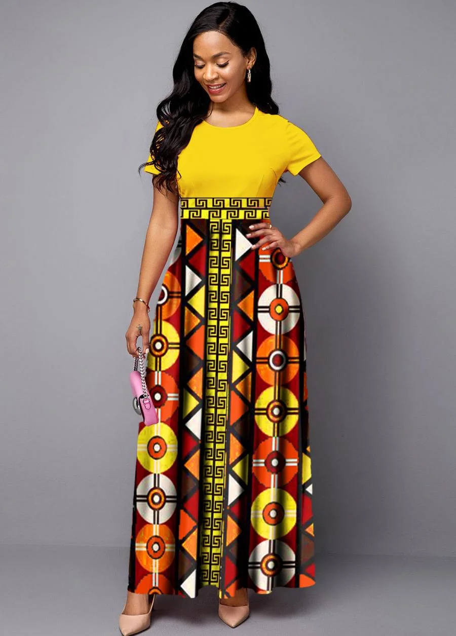 Women South Africa Dress Style Dress Clothes Round Neck Bohemian Print Short Sleeve Maxi Dress
