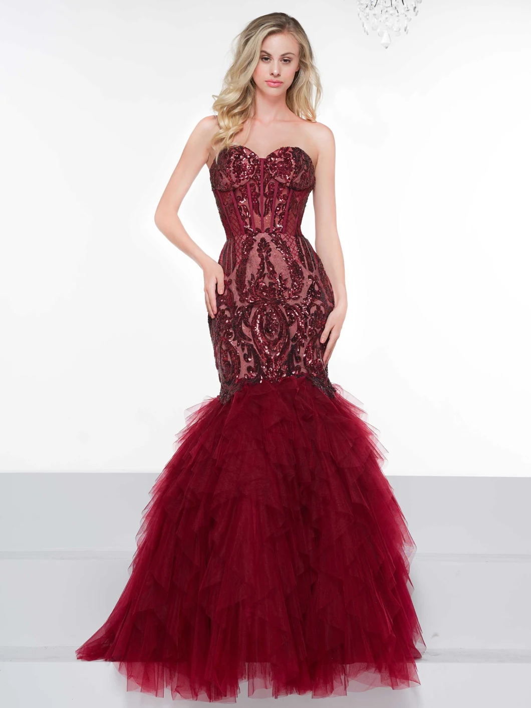 Fashion Lace Bodice Bridal Prom Dress Burgundy Tull Mermaid Lace Beading Evening Dress
