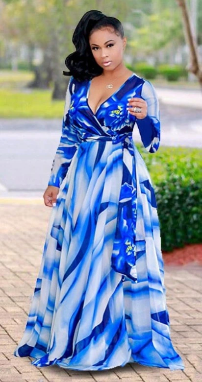 Plus Size Women Clothing Sexy Dress with Large Print and Long Sleeves Dress
