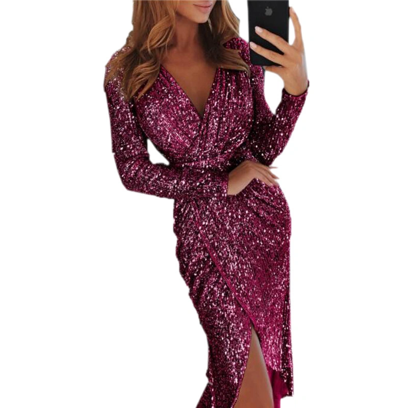 New Style Long-Sleeved V-Neck Sequin Dress Dress Evening Dress Sexy Nightclub Long Dress