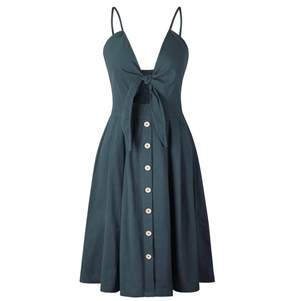 Deep V Neck Buttons off Shoulder MIDI Dress Cotton Linen Dress
