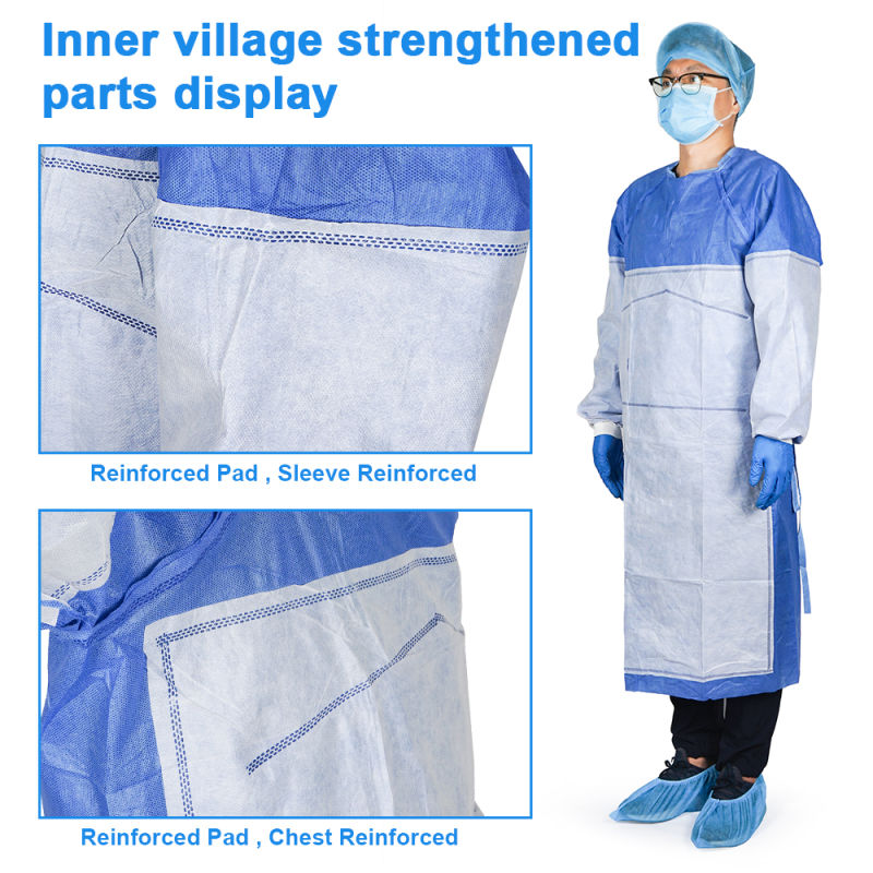 Non-Woven Disposable SMS Sterile Reinforced Surgical Isolation Gowns Disposable Reinforced Surgical Medical Surgical Apron Blue Surgical Gown with Knitted Cuff