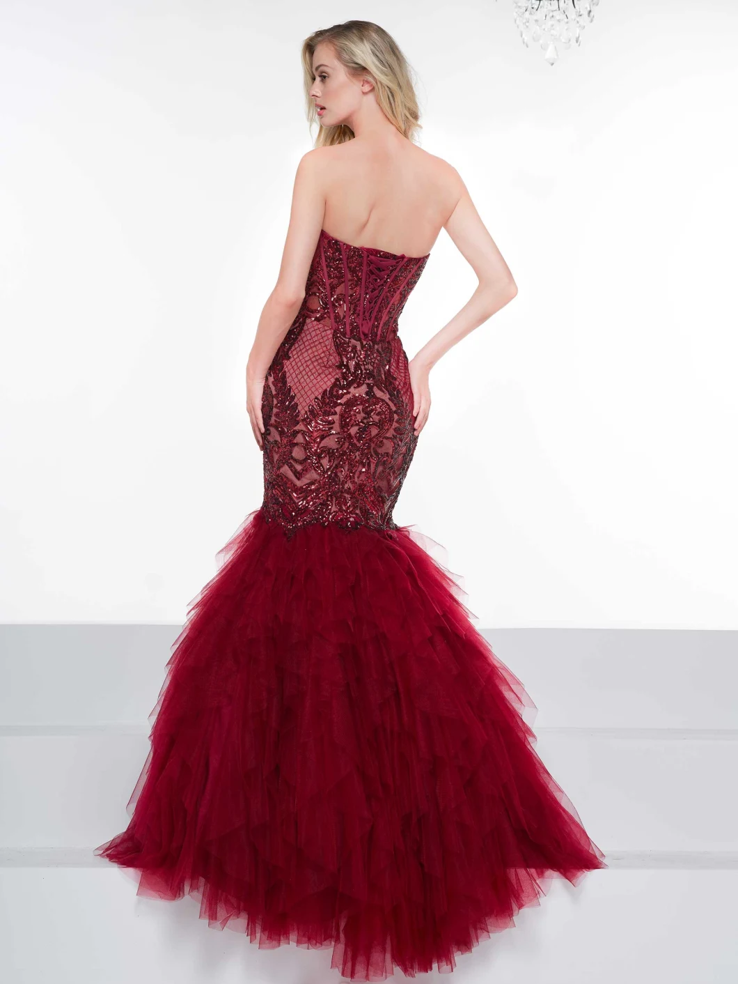 Fashion Lace Bodice Bridal Prom Dress Burgundy Tull Mermaid Lace Beading Evening Dress
