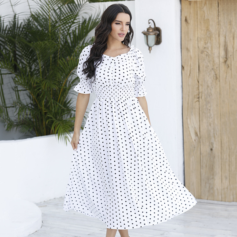Hot Sale Summer Custom Polka Dots Loose Women Dresses Ruffles Half Sleeve Casual Dress for Ladies