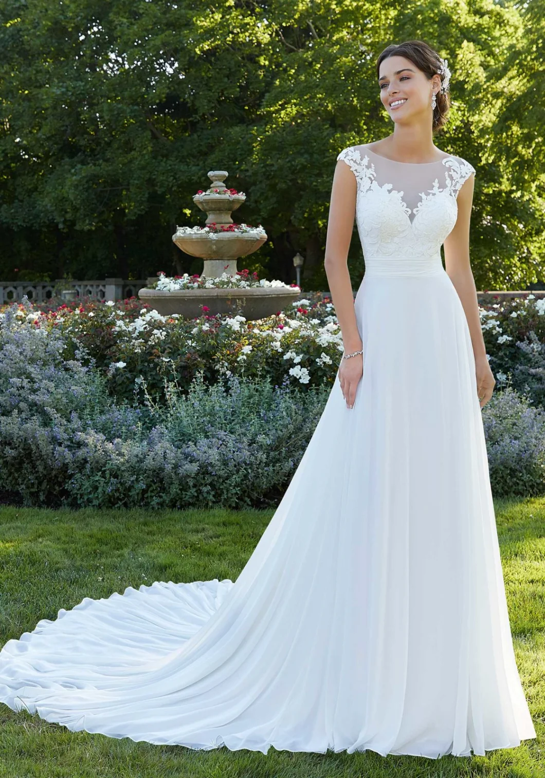 Sheer Net Lace Wedding Dresses Chiffon Beach Plus Size Bridal Wedding Dress