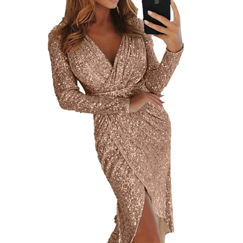 New Style Long-Sleeved V-Neck Sequin Dress Dress Evening Dress Sexy Nightclub Long Dress