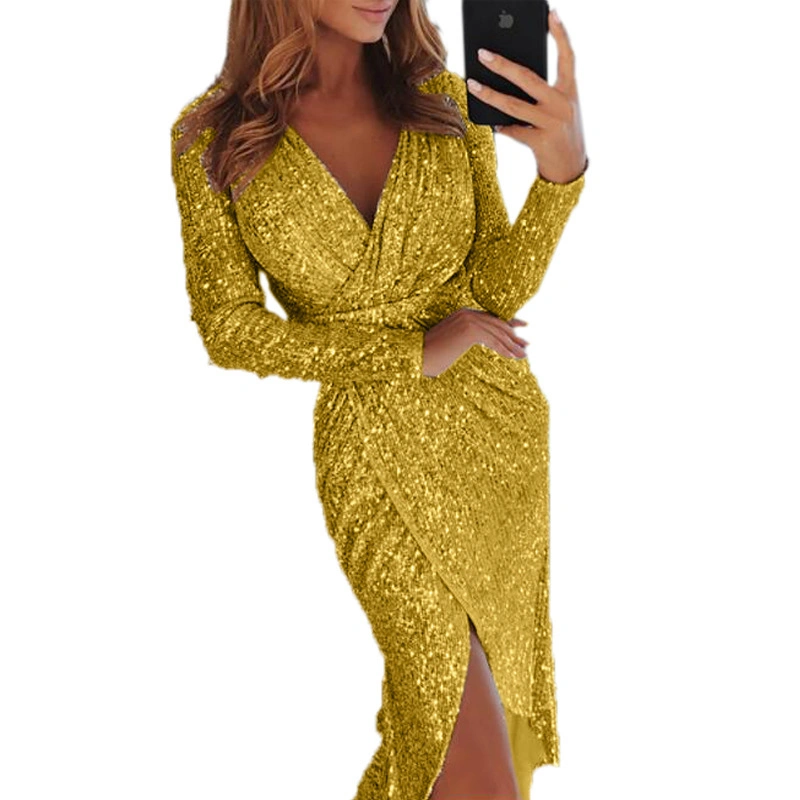 New Style Long-Sleeved V-Neck Sequin Dress Dress Evening Dress Sexy Nightclub Long Dress