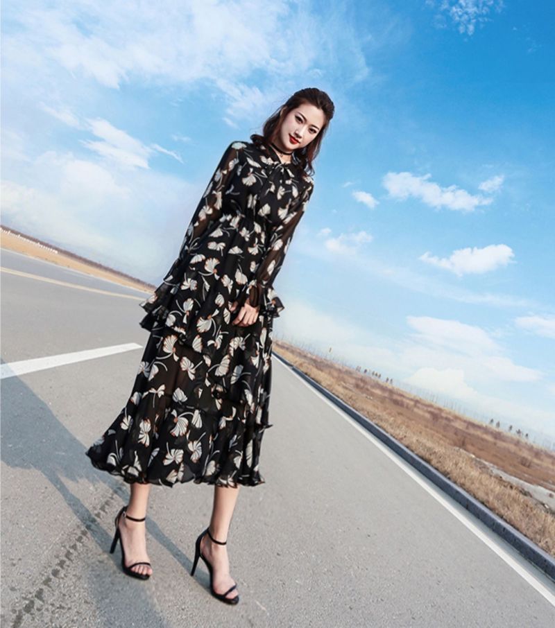 Floral Chiffon Dress Long Size Casual Dress for Ladies