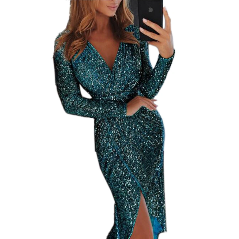 New Style Long-Sleeved V-Neck Sequin Dress Dress Evening Dress Sexy Nightclub Long Dress