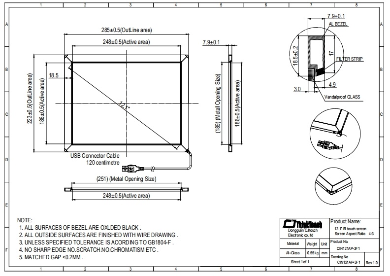 Cjtouch 12.1"IR Touch Screen with 3mm Glass 2 Touch Points USB Interface