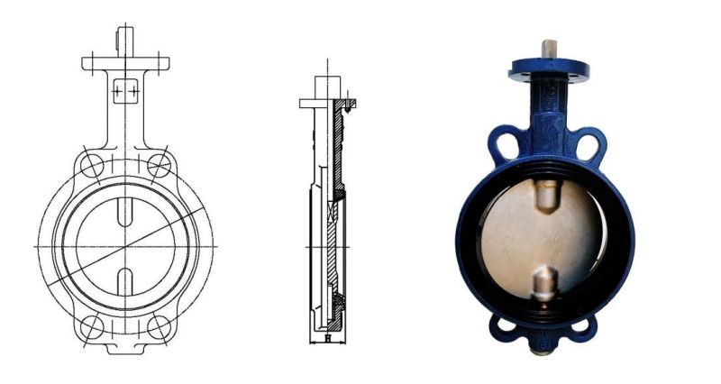 Ductile Iron Body Handle Rubber Lining Wafer Butterfly Valve