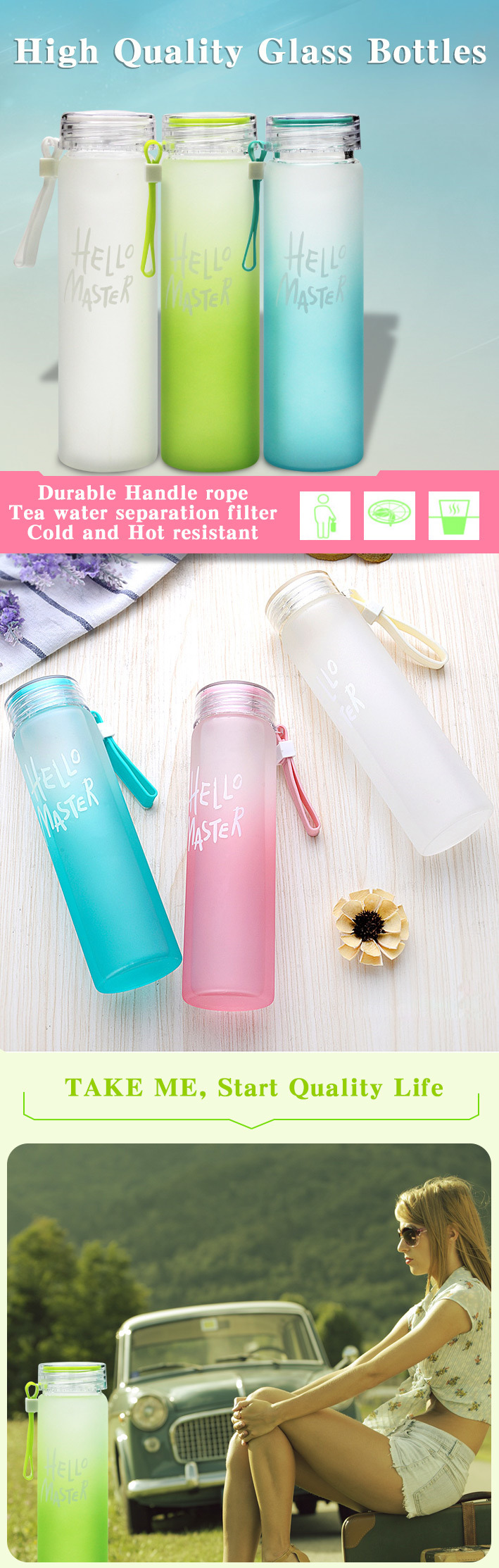Hot Sell High Quality Borosilicate Glass Colorful Glass Drinking Water Bottle