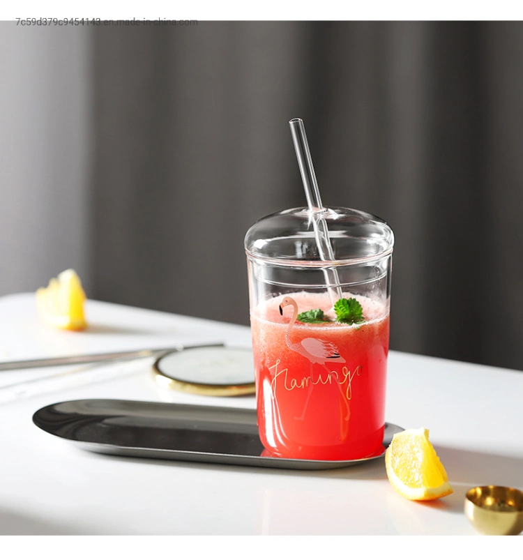 500ml Borosilicate Glass Cup, Glass Flamingo Cup with Straws and Glass Lid