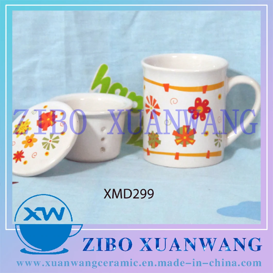 10oz Straight Body Ceramic Tea Mug with Ceramic Lid and Full Body Decal Printing