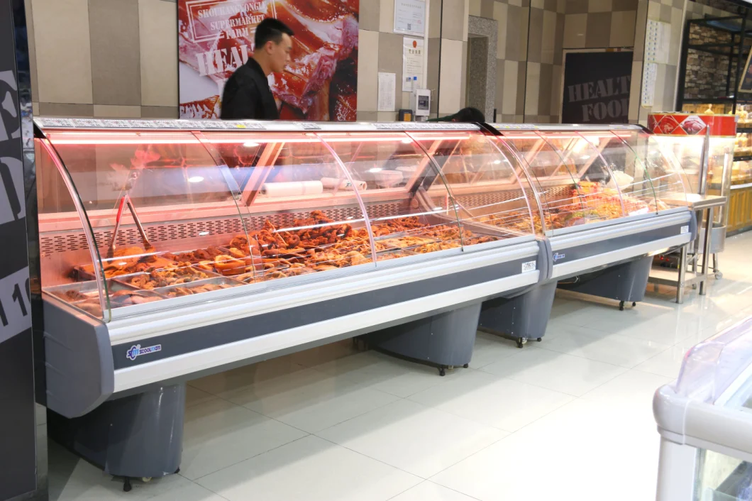 Meat and Fish Display Fridge with Front Curve Glass in Supermarket
