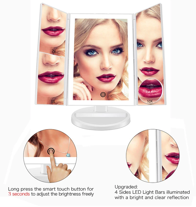 Hot Selling LED Products Trifold LED Makeup Mirror with 2X 3X Magnifying Mirror Glass Mirror