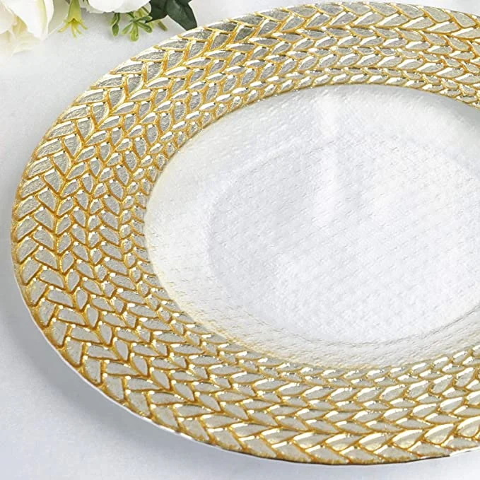 Tiger Chef Glass Chargers for Dinner Plates - Glass Charger Plates with Gold Rim - Plate Chargers Silver Wedding Dé Cor Placemats Set of 8