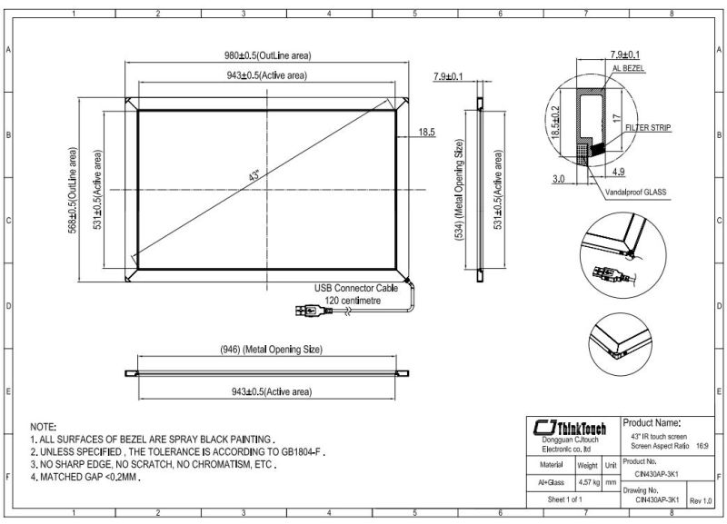 43 Inch Infrared Resistive IR 16: 9 Touchpanel Touch Sensor Screen Components with Tempered Glass USB Interface for Kiosk Machine