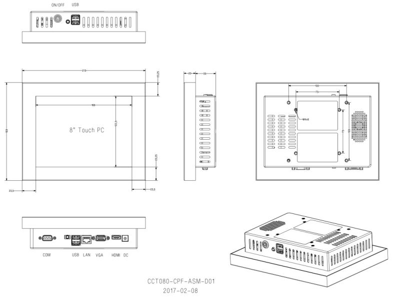 Capacitive Touch Screen Projected 8inch Pcap Touch Screen 3mm Tempered Glass Industrial PC