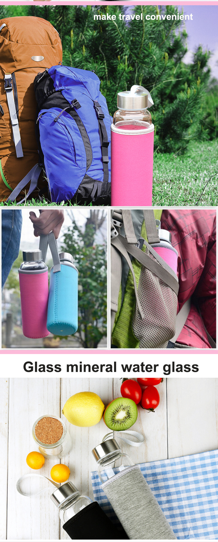 550ml Custom Travel Mug Borosilicate Glass Water Bottle with Sleeve