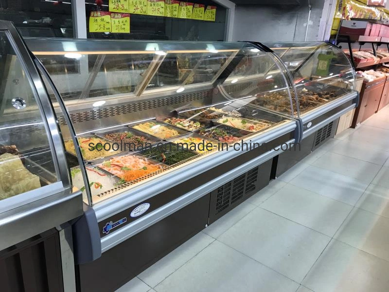 Meat and Fish Display Fridge with Front Curve Glass in Supermarket