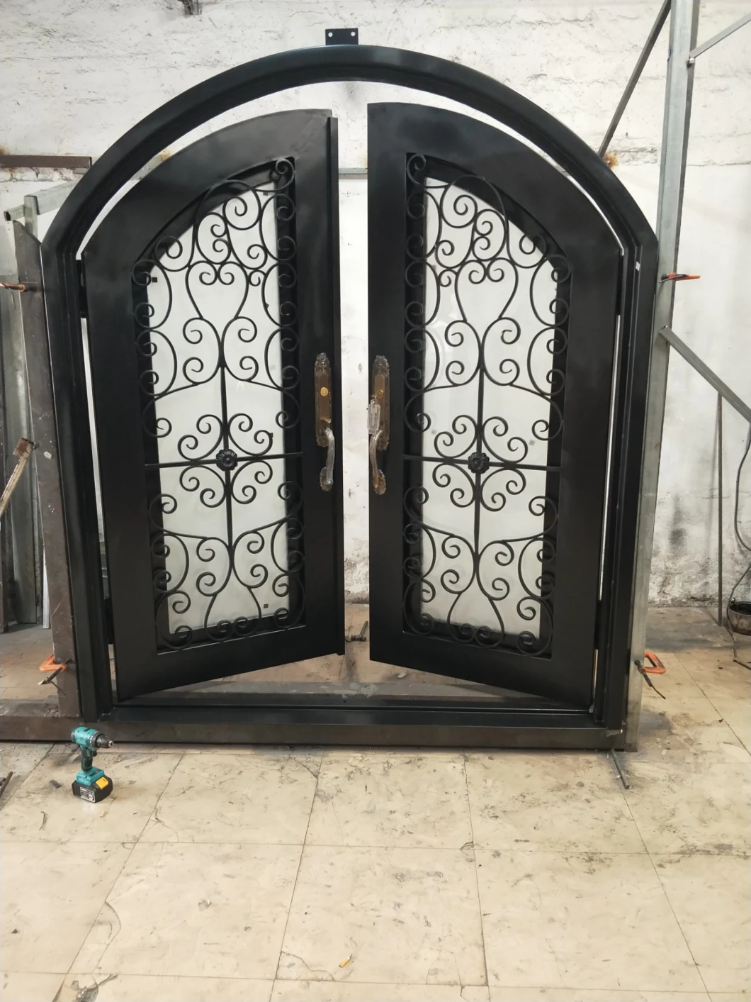Arched Double Modern Rustic Wrought Iron Front Doors with Frosted Tempered Glass