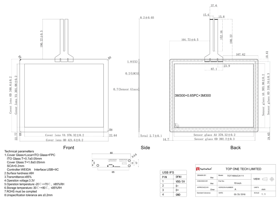 19 Inch Open Frame Capacitive Touchpanel Screen Zero Bezel Anti Scratch Glass Optical Bonding